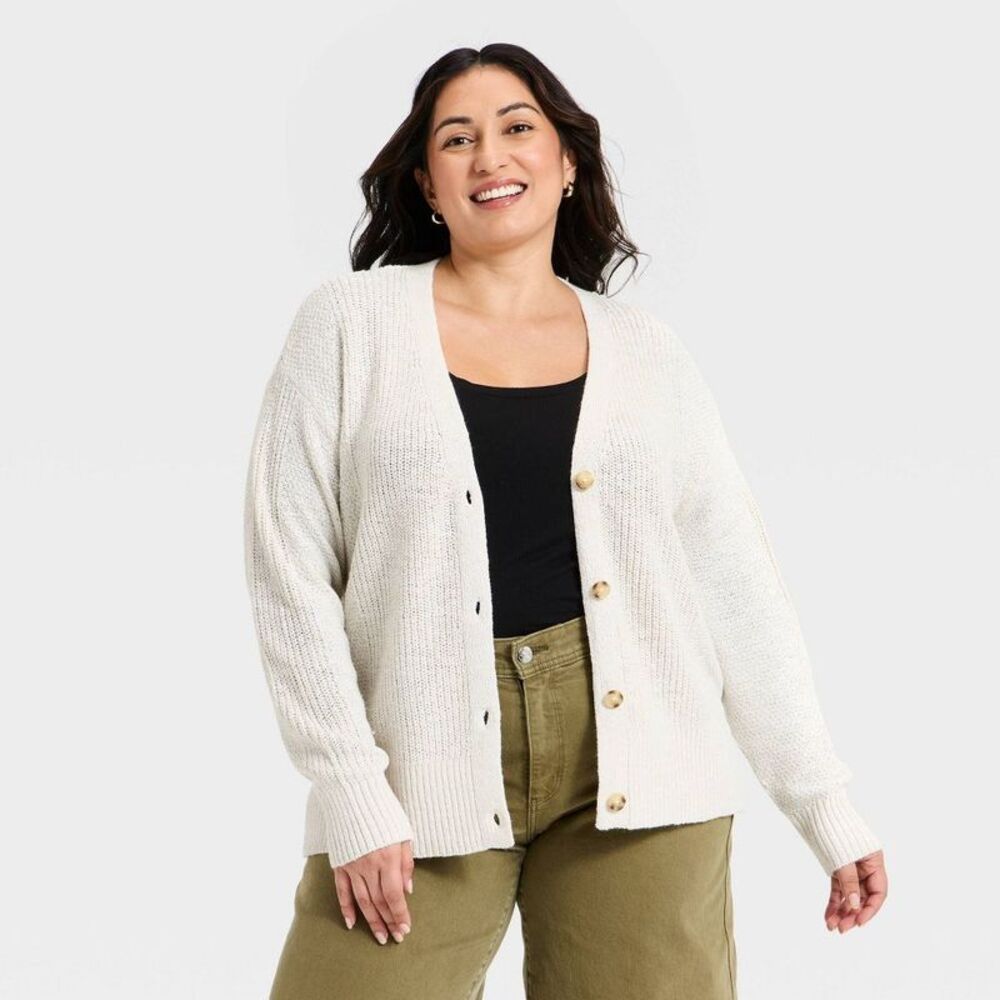 Women's Textured Stitch Button-Front Cardigan Sweater - Ava & Viv Cream 3X